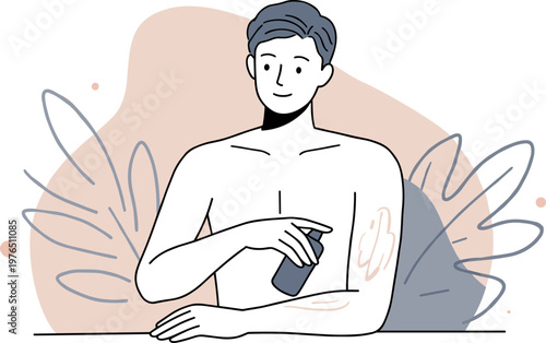 Young man applying moisturizer on bare skin in a hand-drawn style, on a colorful abstract background, showcasing self-care and wellness concepts.