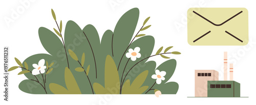 Environmental awareness, sustainability, green technology, communication, ecological impact, industrial processes. Green foliage, factory and envelope symbol. Sustainability and environmental