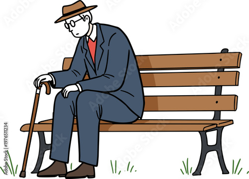 Elderly man sitting on a park bench with a cane, wearing a hat and glasses, looking contemplative in an illustrated style on a transparent background