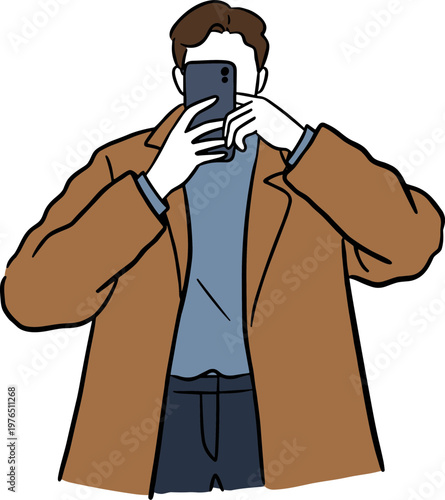 Young man taking selfie with smartphone, wearing brown coat and blue sweater, hand drawn style, isolated on transparent background, casual, modern, expression