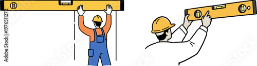 Two construction workers using a level tool to ensure accuracy in building, with a hand-drawn style on a transparent background.