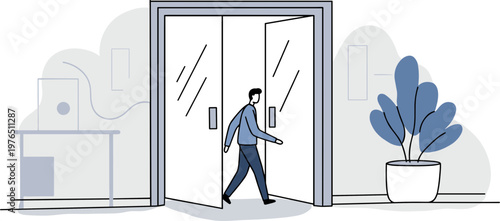A man walking through automatic glass doors in an office lobby with decorative plants on a transparent background, hand drawn style illustration