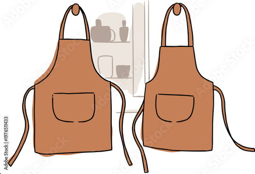 Two hand drawn style aprons hanging in a cozy kitchen with shelves of ceramic dishes blurred in the background on a transparent background
