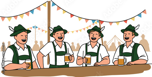 Group of four men laughing and enjoying beer at a festive outdoor celebration with colorful flags, in a hand-drawn style on a transparent background