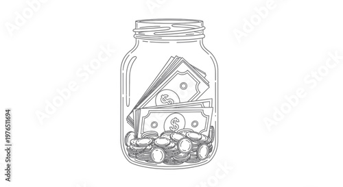 Money Jar Illustration: Coins and Bills Saved for Future