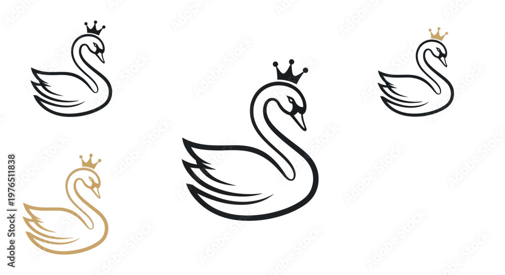 Fototapeta premium Elegant Swan Icons with Crowns - Royalty and Graceful Design Elements