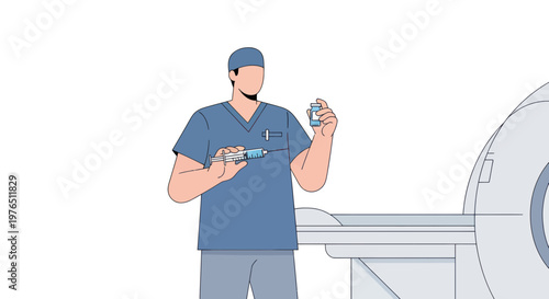 Doctor holding syringe and vial near MRI scanner, medical examination concept
