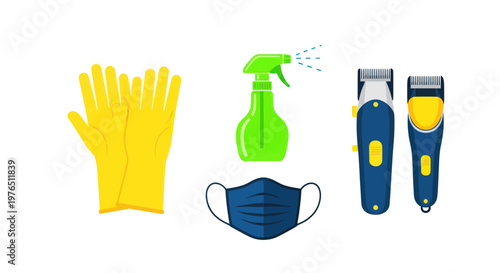 Grooming Tools: Clippers, Gloves, Mask, and Spray Bottle on White Background