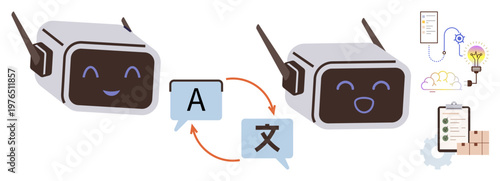 Language services, communication, global connection, AI innovation, education, mobile apps. Two chatbots exchanging language with translation symbols. Language services and communication concept