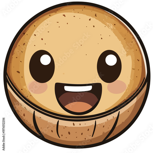 A smiling circular food character with big eyes, rosy cheeks, and an open mouth