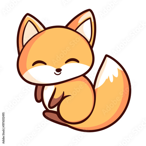 A smiling, cartoon fox with fluffy fur, sitting, with large ears, and a big bushy tail