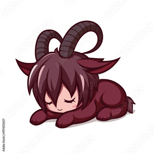 Adorable cartoon goat with reddish-brown fur, sleeping peacefully, resting on a white background