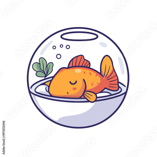 A cute cartoon goldfish resting peacefully inside its fishbowl with some bubbles and greenery