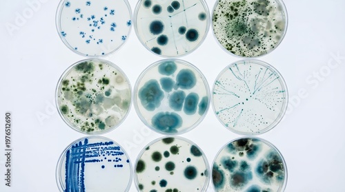 Nine petri dishes filled with diverse colonies of microorganisms including bacteria and mold showcasing various colors and growth patterns in a laboratory setting culture