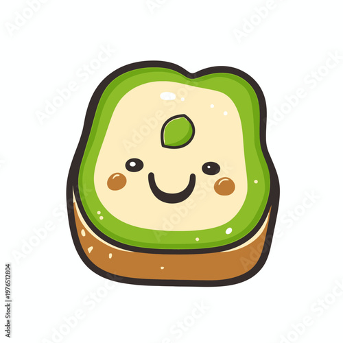 A cute cartoon drawing of a smiling piece of avocado toast with happy face and colors