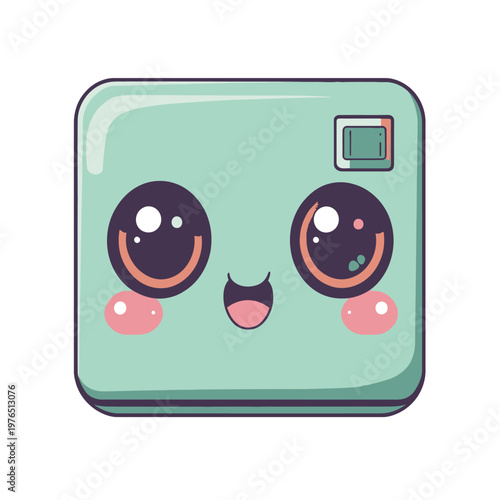 Adorable illustration featuring a smiling, square character with big eyes and rosy cheeks
