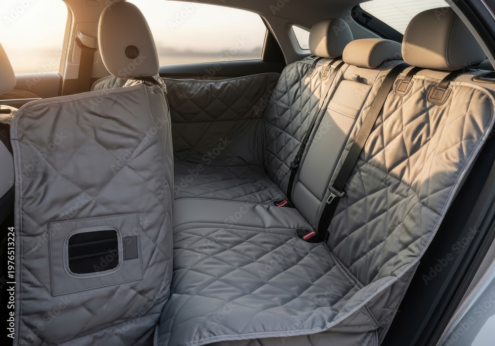Fototapeta premium Protective quilted cover is installed on the backseat of a vehicle to keep it clean.