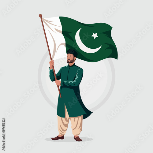 Man Holding Pakistan Flag Independence Day Patriotic Illustration