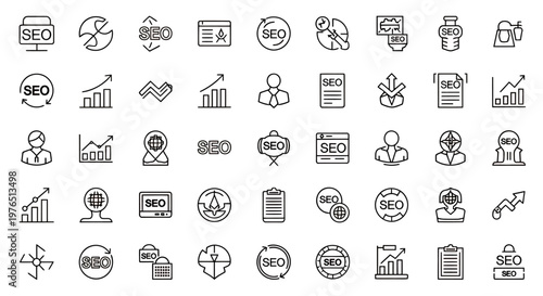 Collection of minimalist line icons representing business technology travel and lifestyle concepts.