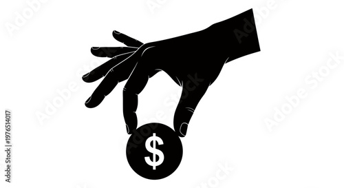 Silhouette of a hand dropping a money coin, symbolizing a financial transaction.