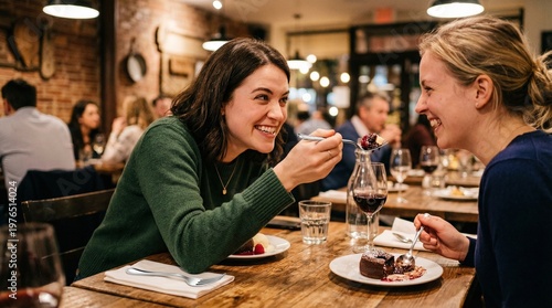 A woman sampling a bite of a friend's dessert across the table, fork extended with a playful, mischievous smile