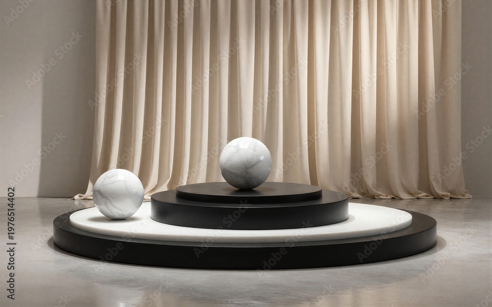 Naklejka premium Minimalist display of marble spheres on tiered black-white platform