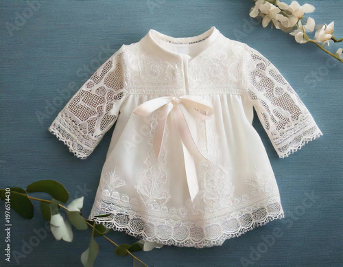 Baby's Lace Christening Dress on Teal Background AI 