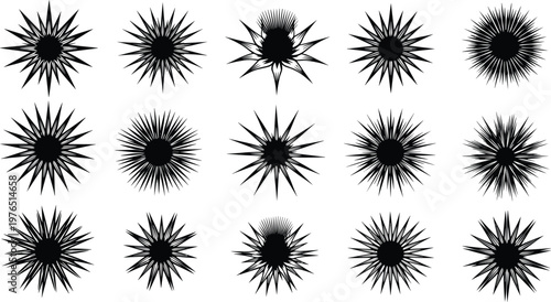 Abstract black radial starburst silhouettes in geometric grid pattern, spiky circular sunburst designs with symmetry and texture for vector art, graphic illustration, and decorative concep