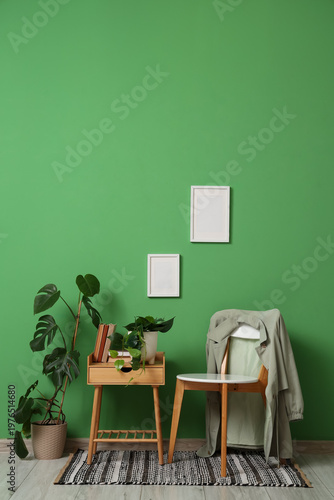 Chair, table and houseplant...