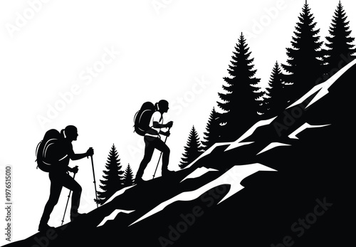 Black silhouette illustration of hikers climbing steep mountain slope with backpacks and trekking poles, symbolizing outdoor adventure, exploration, endurance, and forest nature design concepts