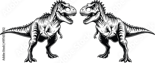 Black silhouette illustration of two Tyrannosaurus rex dinosaurs facing each other in symmetrical design, symbolizing prehistoric wildlife, Jurassic era, and dinosaur artwork for creative projects