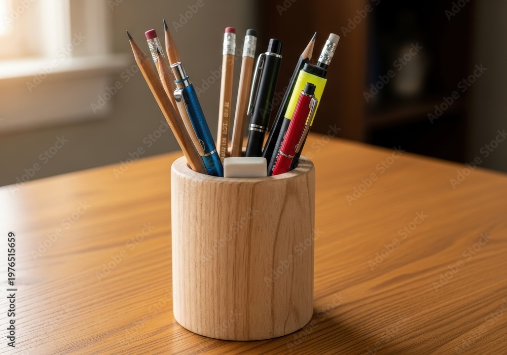 Obraz premium Wooden pencil holder filled with various writing instruments sits on a desk.
