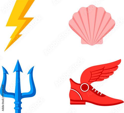 Greek Mythology Symbols Set with Lightning Bolt Trident and Winged Shoe