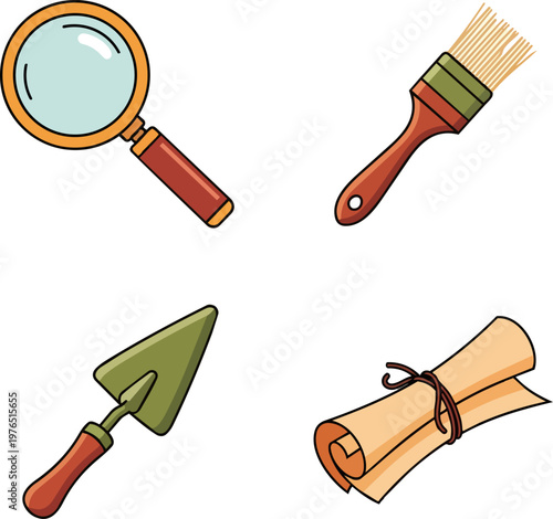 Archaeology Exploration Tools Set with Magnifying Glass and Scroll