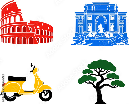 Rome Italy Travel Icons Set with Colosseum Trevi Fountain and Scooter