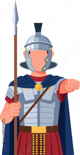 Ancient Roman Soldier in Armor Holding Spear and Pointing Forward