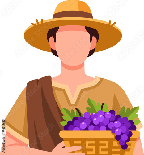 Male Farmer Holding a Basket of Fresh Purple Grapes Harvest Vector