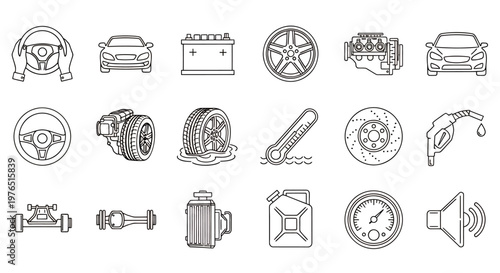 Collection of Automotive Car Parts and Components Icons for Transport Design.