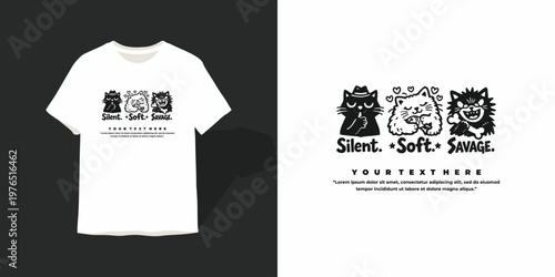 Silent Soft Savage Cartoon Cats T-shirt Design Illustration