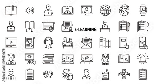 Set of thin line icons representing education and e-learning concepts in a grid layout.
