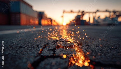 Cracked road with fiery sparks at sunset, leading to an industrial port background