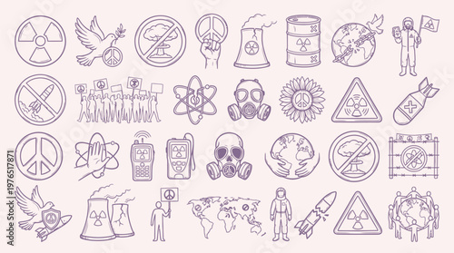 Collection of hand-drawn icons representing nuclear energy, peace, war, and environmental concerns, including symbols for radiation, bombs, and protests.