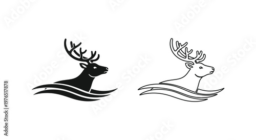 Antlered Deer Crossing Water Symbolic Art Vector
