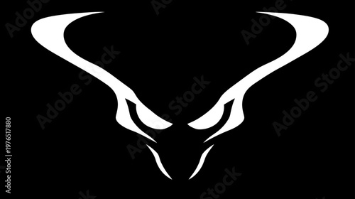 Stylized white silhouette of a fierce horned animal head with glowing eyes on a dark black background, representing strength and power