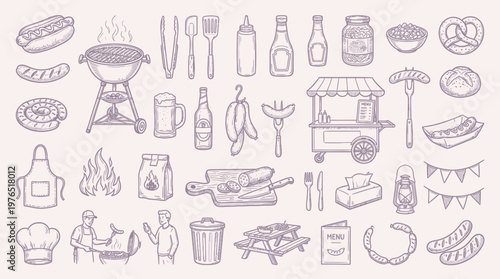 A comprehensive collection of hand-drawn illustrations depicting various elements associated with barbecuing and outdoor grilling.