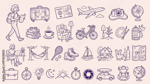 A charming collection of hand-drawn doodle icons representing various aspects of travel, hobbies, and everyday life.