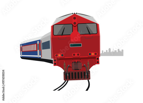 Passenger train hauled by hydraulic diesel locomotive passing a curve. Simple flat illustration
