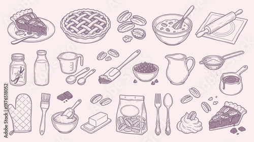 A charming hand-drawn illustration featuring a delightful assortment of baking ingredients, tools, and finished pies, presented in a whimsical, vintage style.