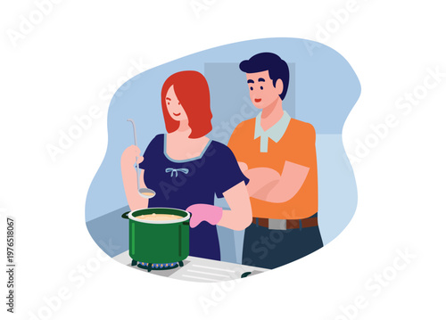 A wife cooking in a kitchen with the husband. Simple flat illustration.