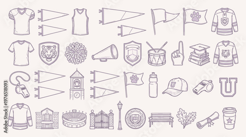 A comprehensive collection of hand-drawn icons representing college and university spirit, including sports apparel, academic symbols, and campus landmarks.